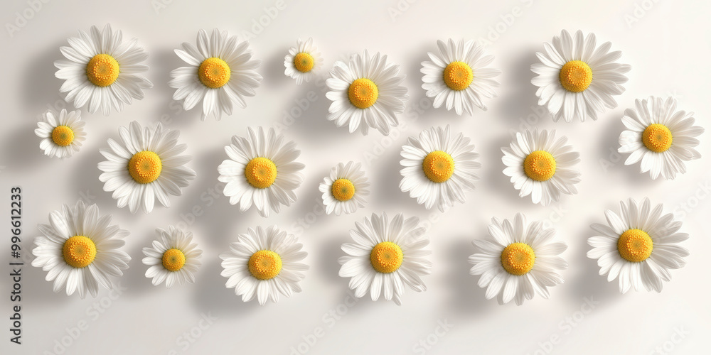 A neat arrangement of daisies with white petals and yellow centers against a plain white background, creating a simple and elegant visual appeal. A neat arrangement of daisies with white petals and yellow centers against a plain white background, creating a simple and elegant visual appeal.