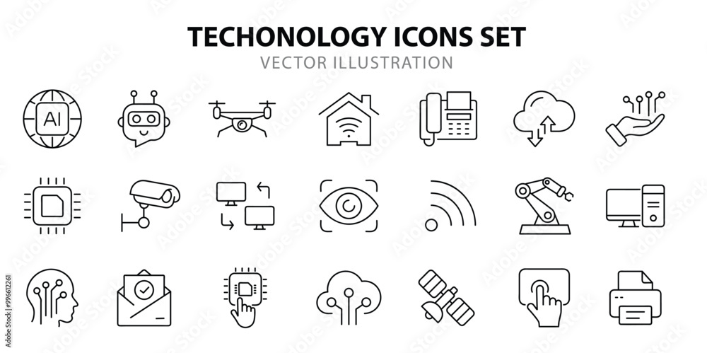 Technology set of web icons in line style. Information technology signs for web and mobile app. IT network system, 5g, communication, computer, chip, web design, software, data center, device, ai. Technology set of web icons in line style. Information technology signs for web and mobile app. IT network system, 5g, communication, computer, chip, web design, software, data center, device, ai.