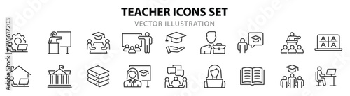 Teaching web icons in line style. Knowledge, university, study, teach, professor, explain, education. Vector illustration.