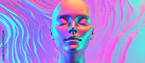 Colorful 3D rendered female bust illustration featuring a flat anonymous face set against a psychedelic background in vibrant vaporwave hues