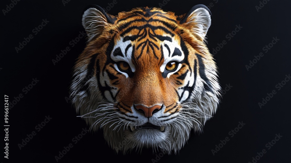 Fototapeta premium Closeup portrait of a tiger's face with sharp eyes and white whiskers on a black background.