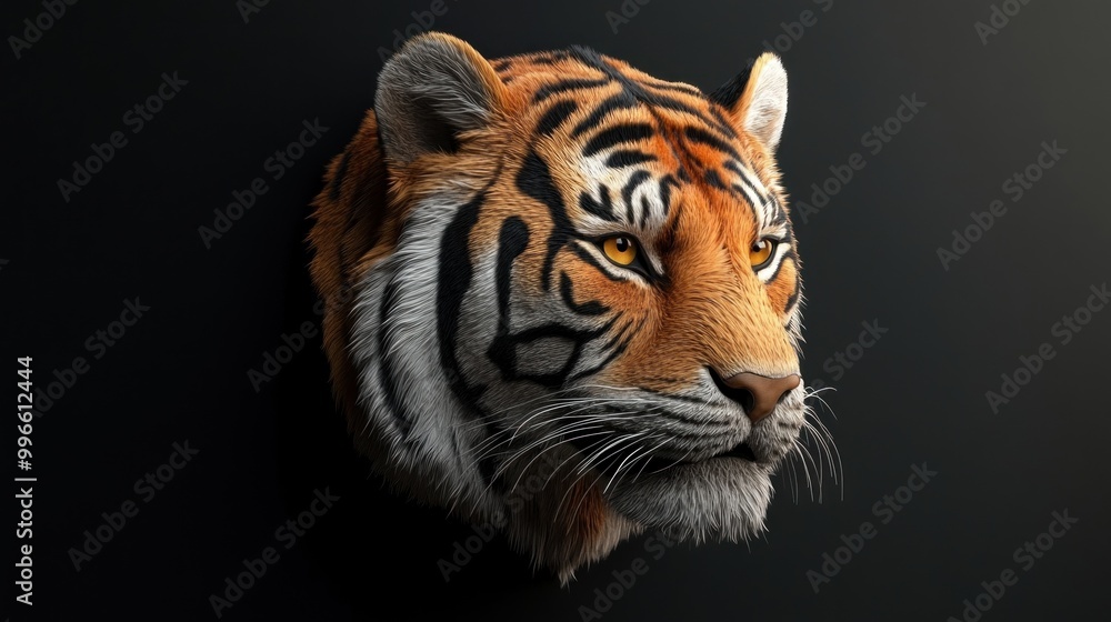 A close up of a tiger's head, looking to the right, against a black background. A close up of a tiger's head, looking to the right, against a black background.