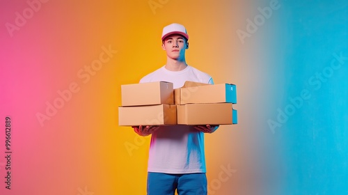 A young man holds stacked cardboard boxes in a vibrant setting, showcasing delivery and logistics themes with energetic colors. photo