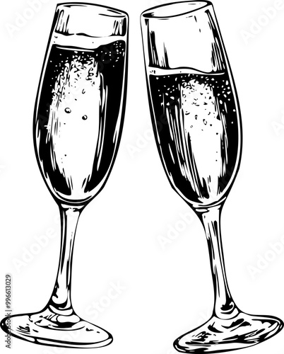 Global Champagne Day. Two glasses of sparkling wine. Black outlines, white background. Champagne flutes. Vector illustration. For menu, holiday card, invitation, wedding, birthday, party, New Year