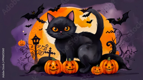 Black cat and jack-o'-lantern pumpkins with bats and Halloween decorations. Watercolor illustration with Happy Halloween text. Halloween celebration. Design for greeting card, poster, invitation