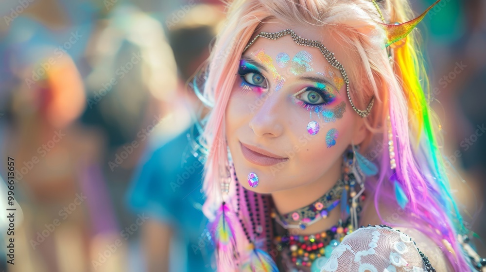 Girl with bright makeup and multi-colored hair
Girl with bright makeup and multi-colored hair
