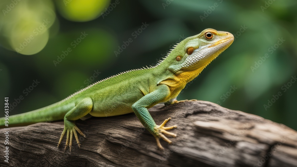 A green iguana perched on wood looking directly at the camera with open mouth in a jungle-like outdoor setting. A green iguana perched on wood looking directly at the camera with open mouth in a jungle-like outdoor setting.