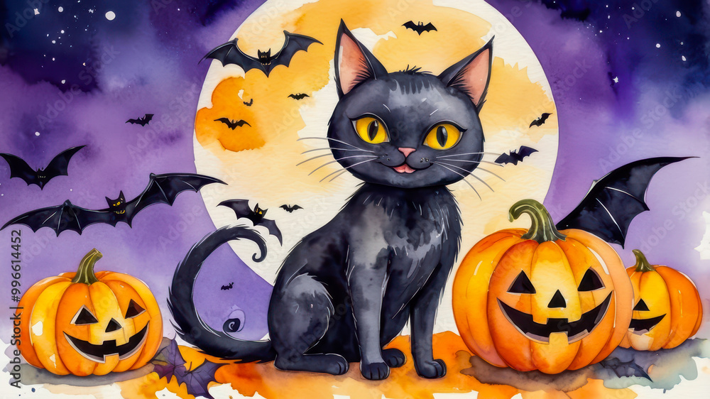 Black cat and jack-o'-lantern pumpkins with bats and Halloween decorations. Watercolor illustration with Happy Halloween text. Halloween celebration. Design for greeting card, poster, invitation Black cat and jack-o'-lantern pumpkins with bats and Halloween decorations. Watercolor illustration with Happy Halloween text. Halloween celebration. Design for greeting card, poster, invitation