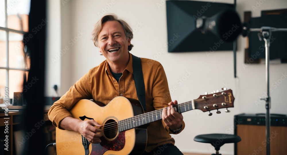 Obraz premium Joyful middleaged Caucasian musician in a studio recording music
