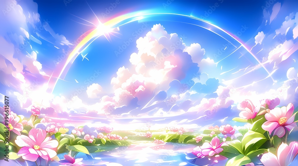 Vibrant anime clouds and rainbow in a joyful, colorful scene. Vibrant anime clouds and rainbow in a joyful, colorful scene.
