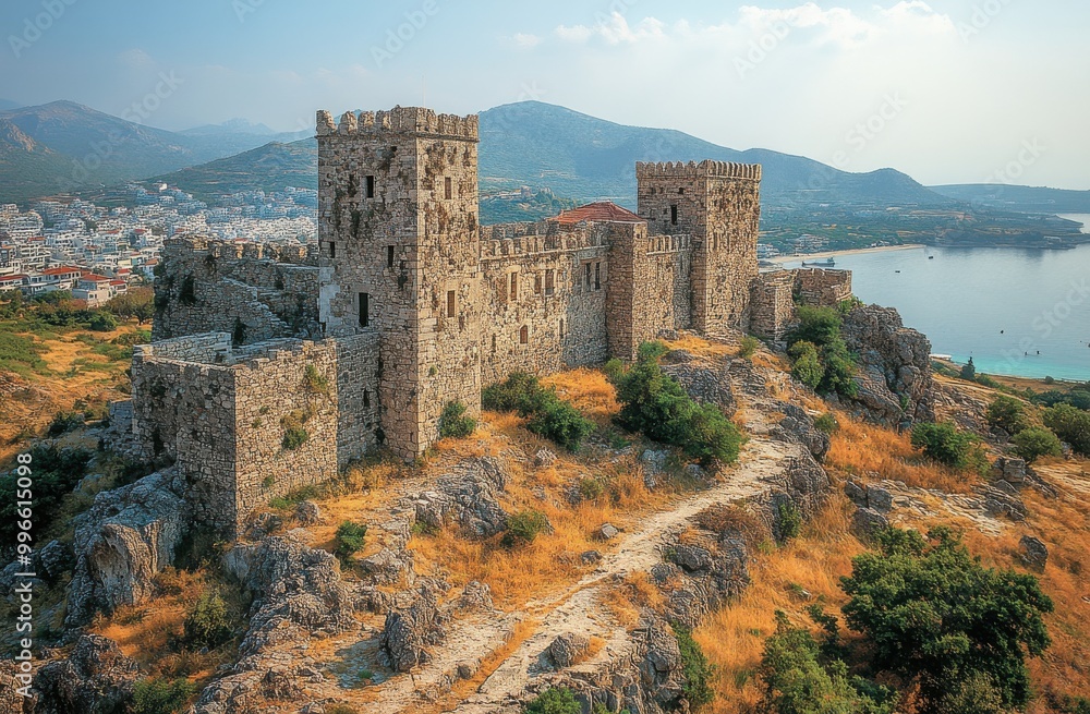Mushroom-shaped medieval castle overlooking the bay during a sunny day Mushroom-shaped medieval castle overlooking the bay during a sunny day