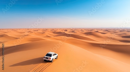 Aerial view of a white SUV navigating through vast desert dunes under a bright blue sky, showcasing adventure and exploration.