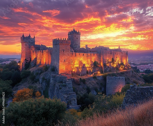 Experience the sunset over the medieval castle, showcasing its impressive walls and historic architecture