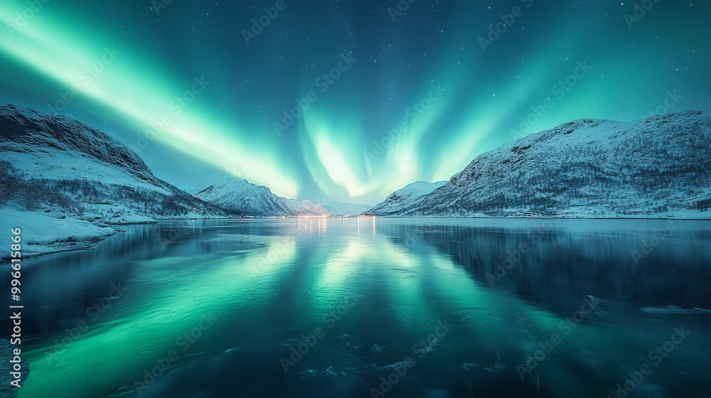 Fototapeta premium Aurora borealis on the Norway. Green northern lights above mountains. 