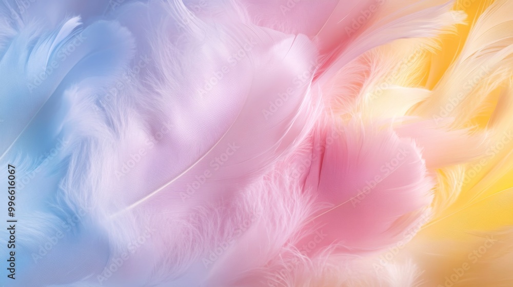 Abstract arrangement of pastel feathers in soft curves and dreamy shades of pink, yellow, and blue Abstract arrangement of pastel feathers in soft curves and dreamy shades of pink, yellow, and blue