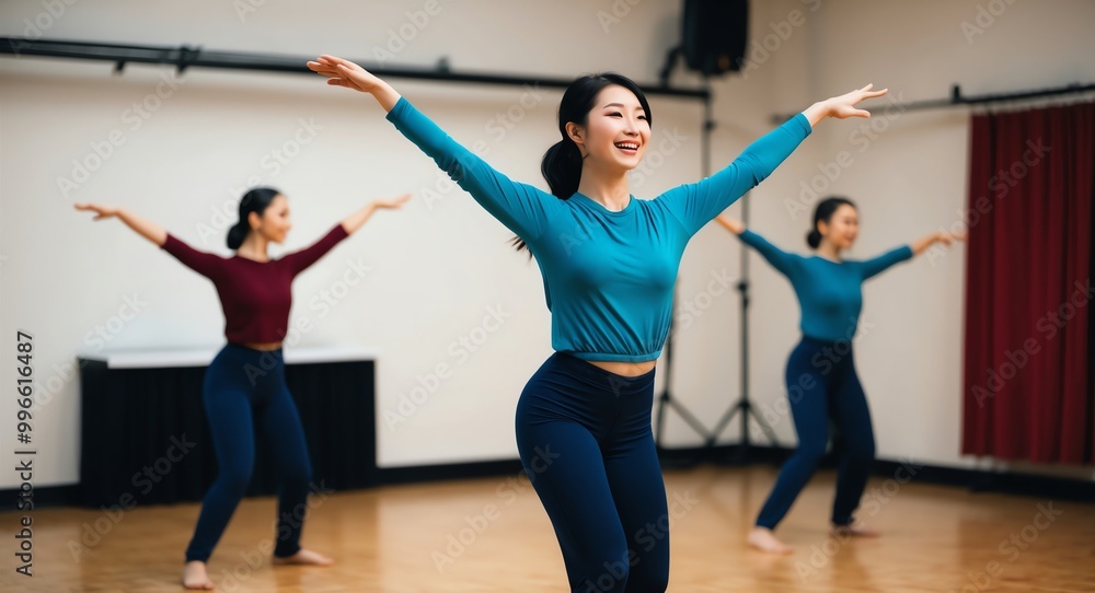Joyful young Asian dancer in a studio practicing a routine Joyful young Asian dancer in a studio practicing a routine