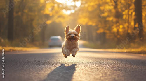 Delightful puppy frolicking in the park, a carefree moment of childhood joy photo