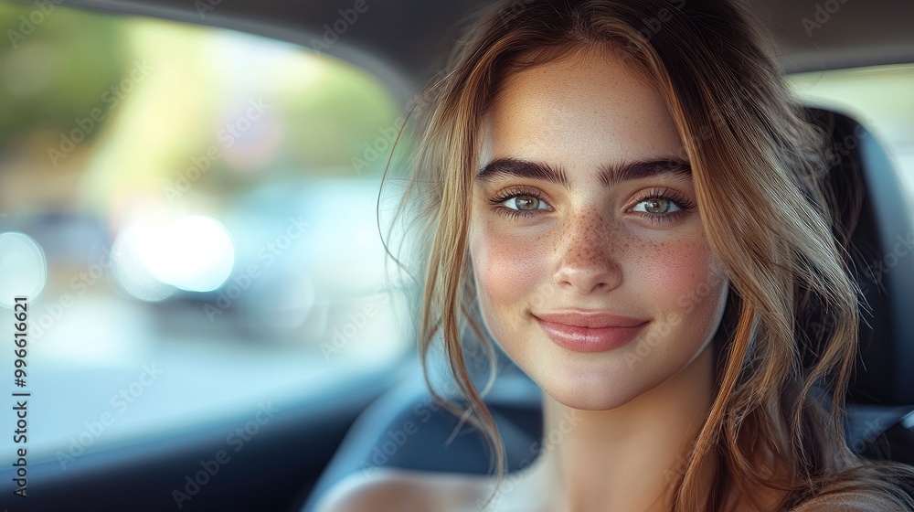 Beautiful Young Woman with Freckles in a Car Looking at Camera Beautiful Young Woman with Freckles in a Car Looking at Camera