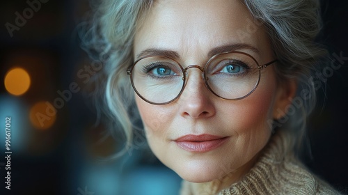 Portrait of a mature woman with glasses, looking at the camera