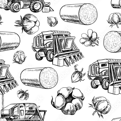 Cotton harvesters. Seamless black and white drawing, graphic vector illustrations in the form of cotton boxes, combines and cotton rolls. On a white background. For packaging, textiles, labels.