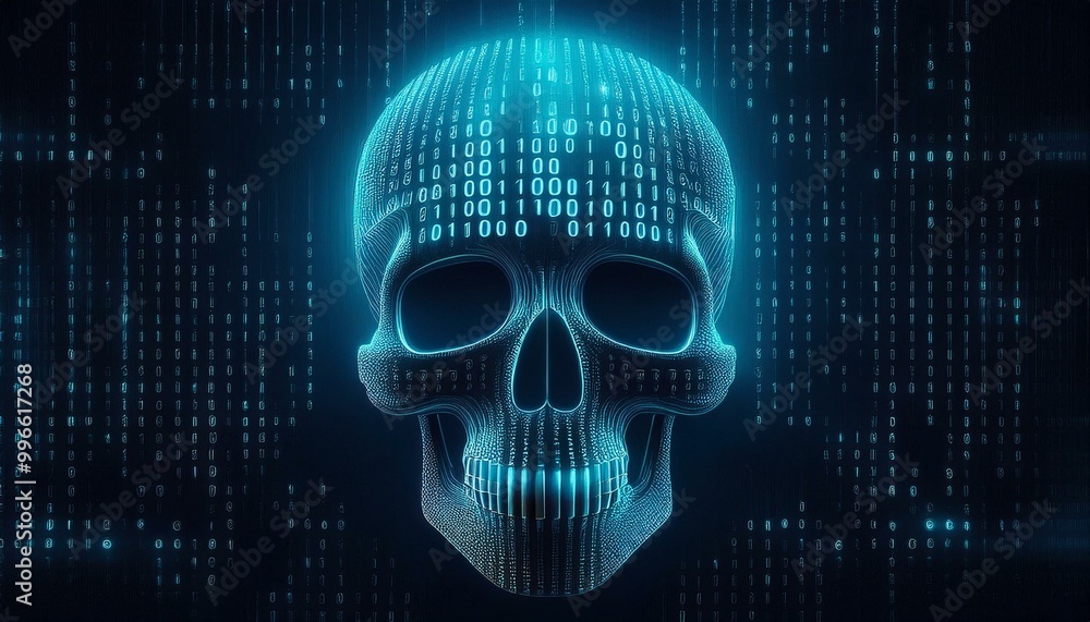 Neon blue skull formed of numbers one and zero on black background; dangers of technology concept art Neon blue skull formed of numbers one and zero on black background; dangers of technology concept art