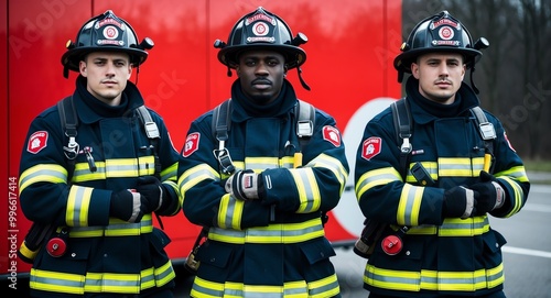 Proud young Black firefighter in uniform holding a helmet against a red background photo