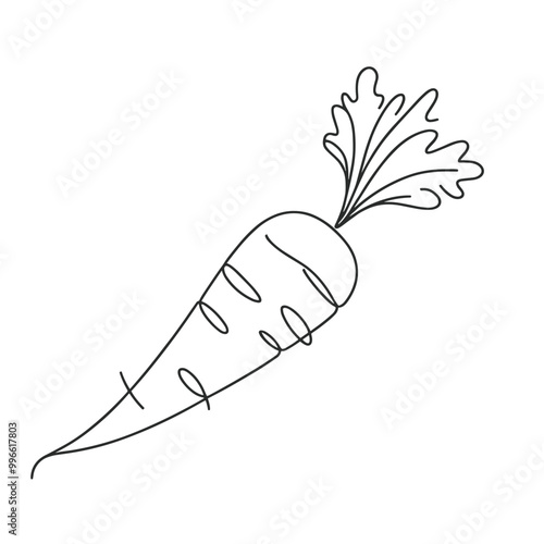 A carrot is drawn in a black and white style. The carrot is long and thin, with a green leaf on top. The image has a simple and clean look, with the focus on the carrot itself