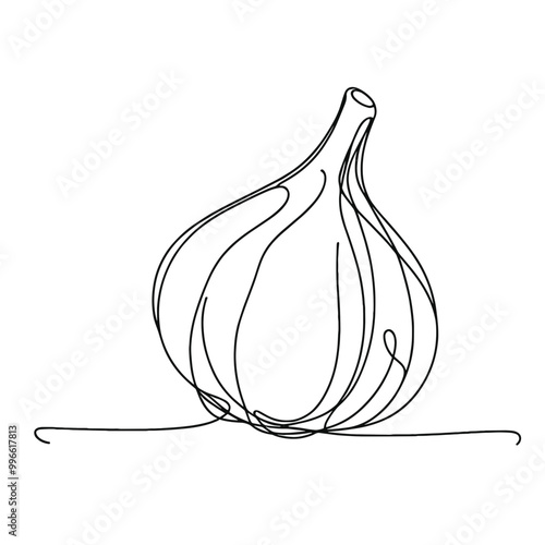 A drawing of a garlic bulb with a stem. The drawing is in black and white and has a simple, clean style