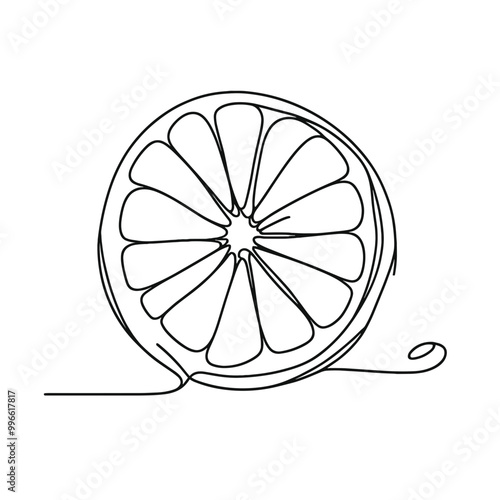 A drawing of a lemon slice with a black outline. The drawing is simple and clean, with the focus on the lemon slice. Scene is calm and serene, with the lemon slice being the main subject