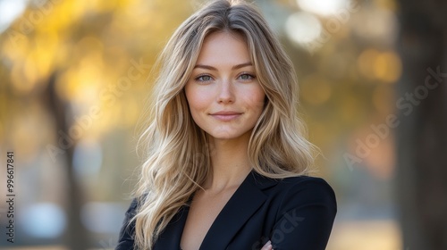 Portrait of a beautiful young woman with blonde hair smiling outdoors