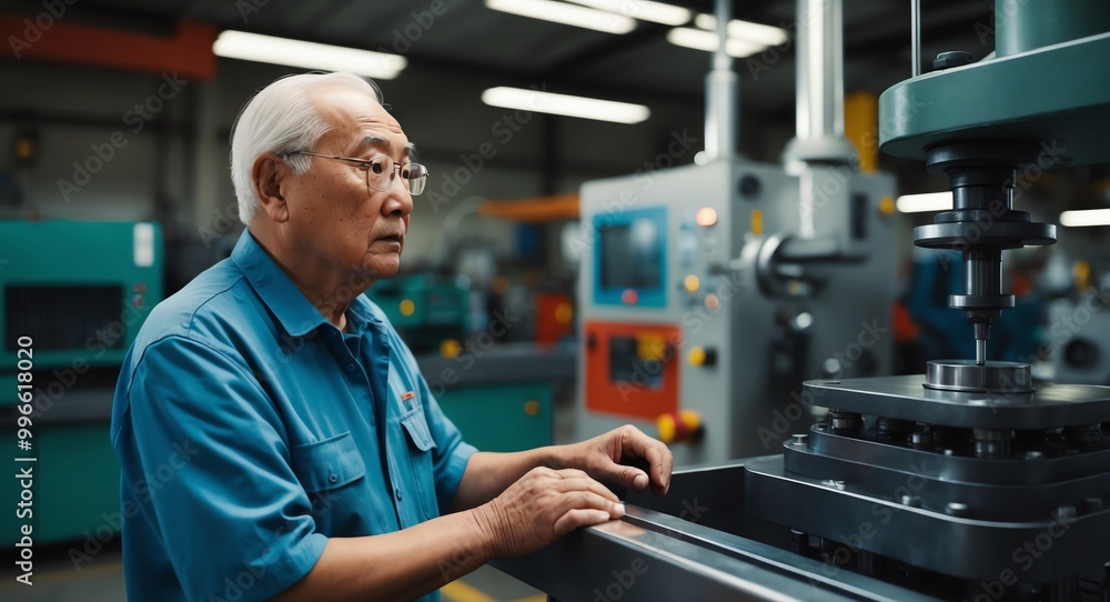 Serious elderly Asian engineer in a factory inspecting machinery Serious elderly Asian engineer in a factory inspecting machinery