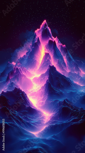 A stunning depiction of abstract mountains illuminated by vibrant neon colors, showcasing glowing peaks and mystical atmosphere. scene evokes sense of wonder and tranquility