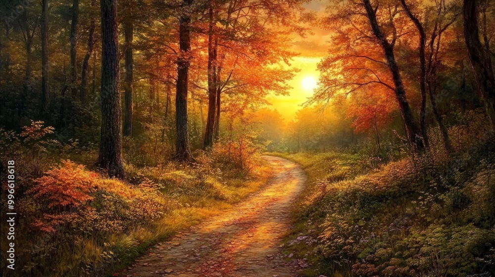 forest path bathed in the warm glow of sunset forest path bathed in the warm glow of sunset