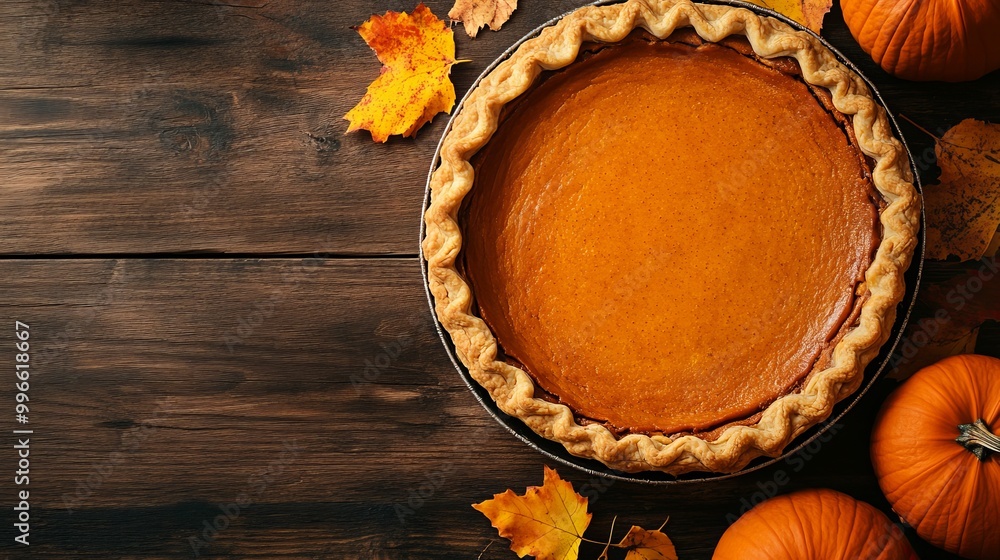 On the wooden table, there is freshly made pumpkin pie. On the wooden table, there is freshly made pumpkin pie.