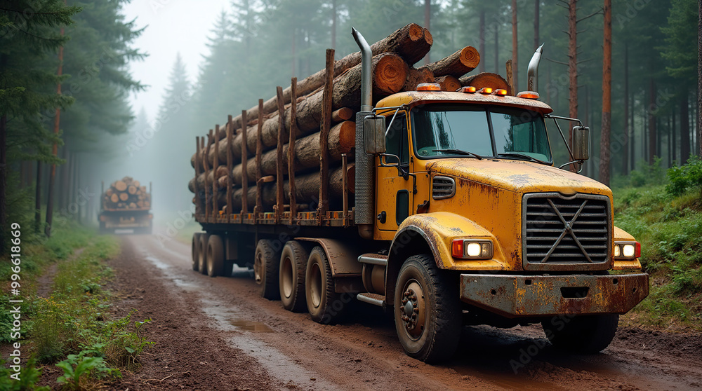 Logging truck transporting timber logs through a forest road Logging truck transporting timber logs through a forest road