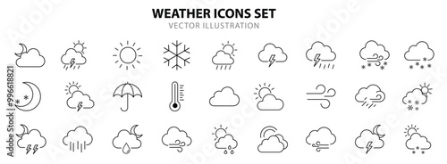 Weather editable stroke outline icons set. Clouds, wind, rain, sun, weather forecast, snow, moon, snowflakes and storm. Vector illustration [Converted].