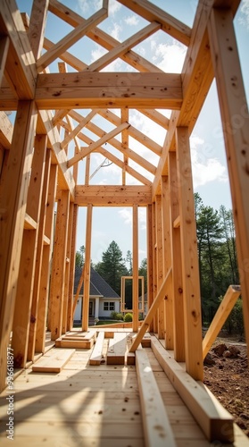 Wooden framing of new house under construction in residential area