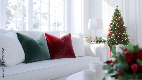 A bright and cozy living room adorned with festive decorations, featuring a white couch with red and green pillows, and a decorated Christmas tree.