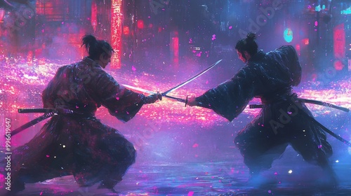 Two samurai warriors engage in a sword fight in a neon-lit city with falling pink blossoms. photo