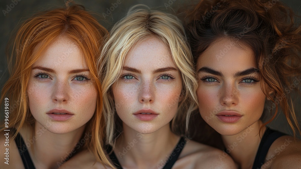 Fototapeta premium Three Beautiful Women with Different Hair Colors Looking at the Camera