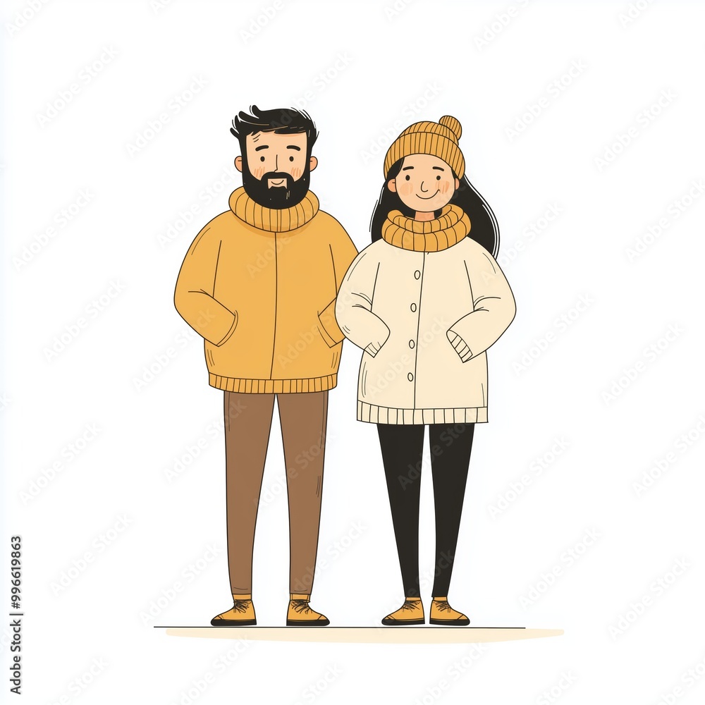 A cozy couple wearing matching winter sweaters and hats in a warm and cheerful pose A cozy couple wearing matching winter sweaters and hats in a warm and cheerful pose