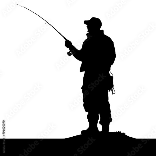 Fisherman with Fishing Pole Silhouette Isolated on White Background – Vector Art