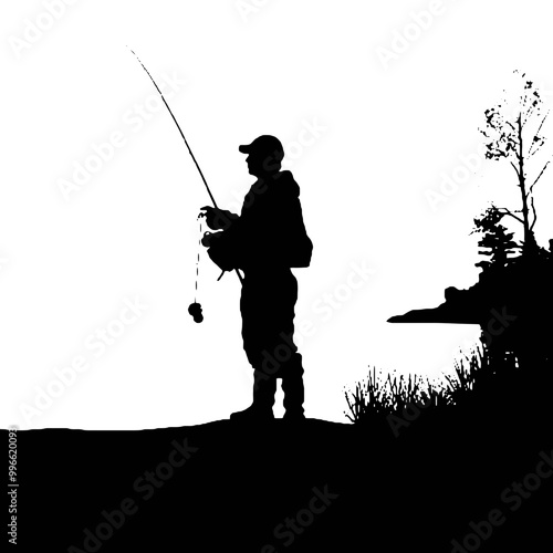 Fisherman with Fishing Pole Silhouette Isolated on White Background – Vector Art