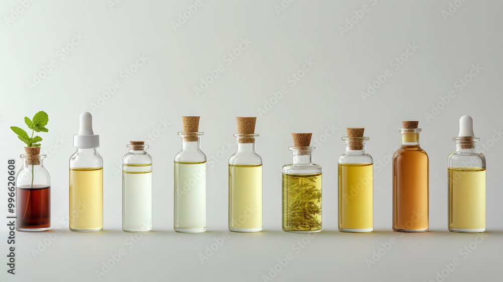 A row of glass bottles in various sizes filled with colorful liquids and closed with corks, some containing plants or dropper tops. A row of glass bottles in various sizes filled with colorful liquids and closed with corks, some containing plants or dropper tops.