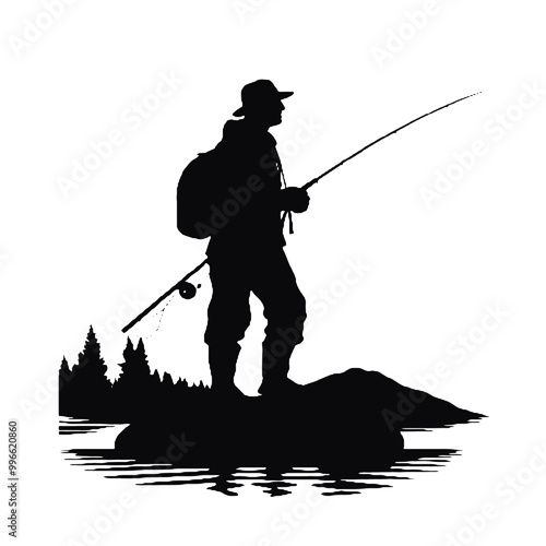 Fisherman with Fishing Rod Silhouette Isolated on White Background – Vector Art