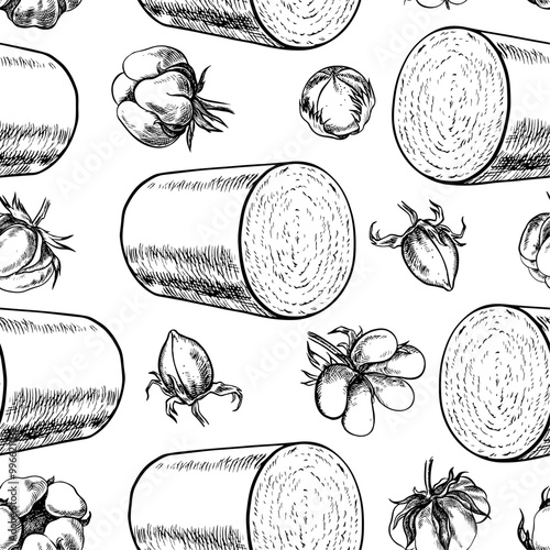 Cotton harvesters. Seamless black and white drawing, graphic vector illustrations in the form of cotton boxes and cotton rolls. On a white background. For packaging, textiles, labels and printing.