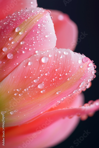 Dew-Kissed Rose: A delicate, pastel pink rose petal is adorned with glistening water droplets, creating a serene and captivating image. 