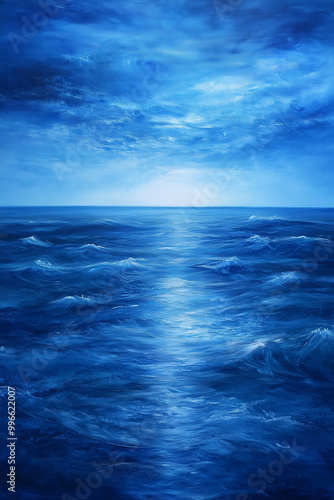 Ocean Waves: Abstract view of a deep blue ocean with gentle waves rippling across its surface. The light reflects off the water, creating a sense of peace and tranquility. 