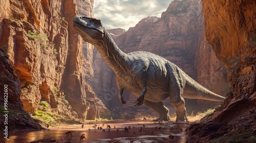 Fototapeta Naklejka Na Ścianę i Meble -  A massive dinosaur towers over a group of smaller dinosaurs in a canyon.
