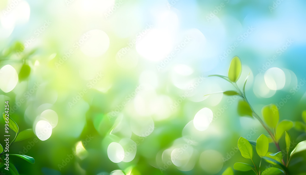 A spring, summer background of fresh lush green foliage and blue sky with blurred bokeh highlights. A spring, summer background of fresh lush green foliage and blue sky with blurred bokeh highlights.